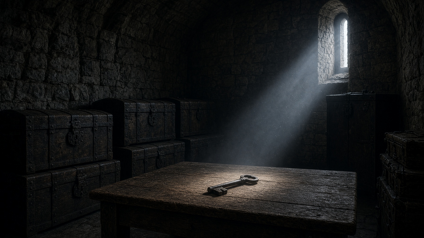 Stone vault interior, iron-bound chests, a key in a shaft of northern light